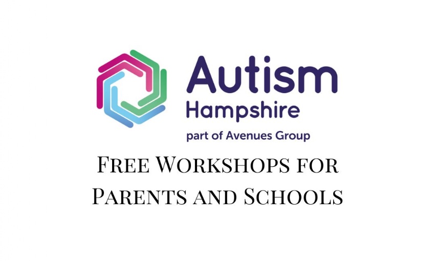 Image shows the Autism Hampshire logo and the words free workshops for parents and schools